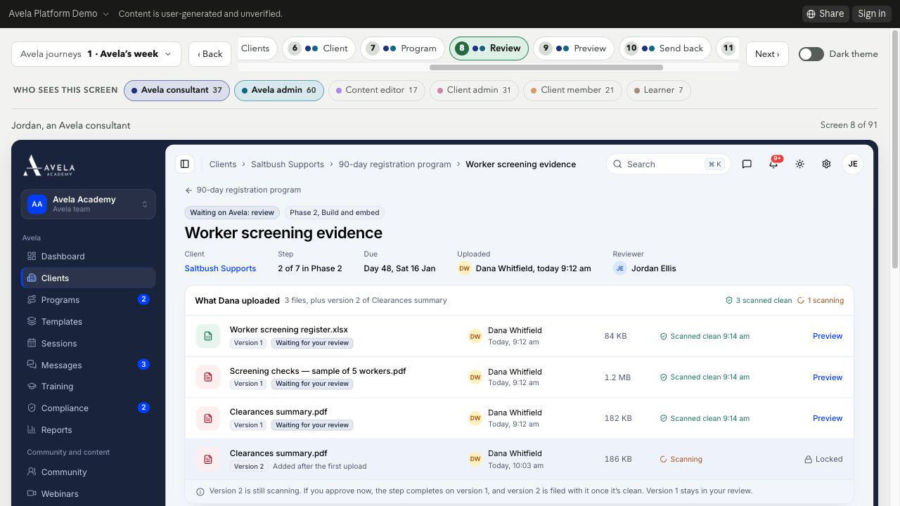 Avela prototype evidence review showing a worker screening document, version information and review status
