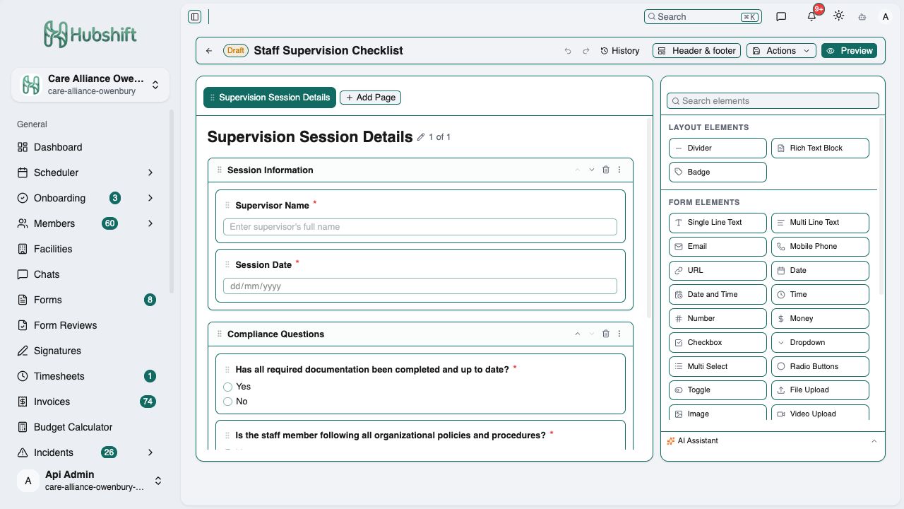 Hubshift form editor showing a staff supervision checklist, page sections and a palette of form elements