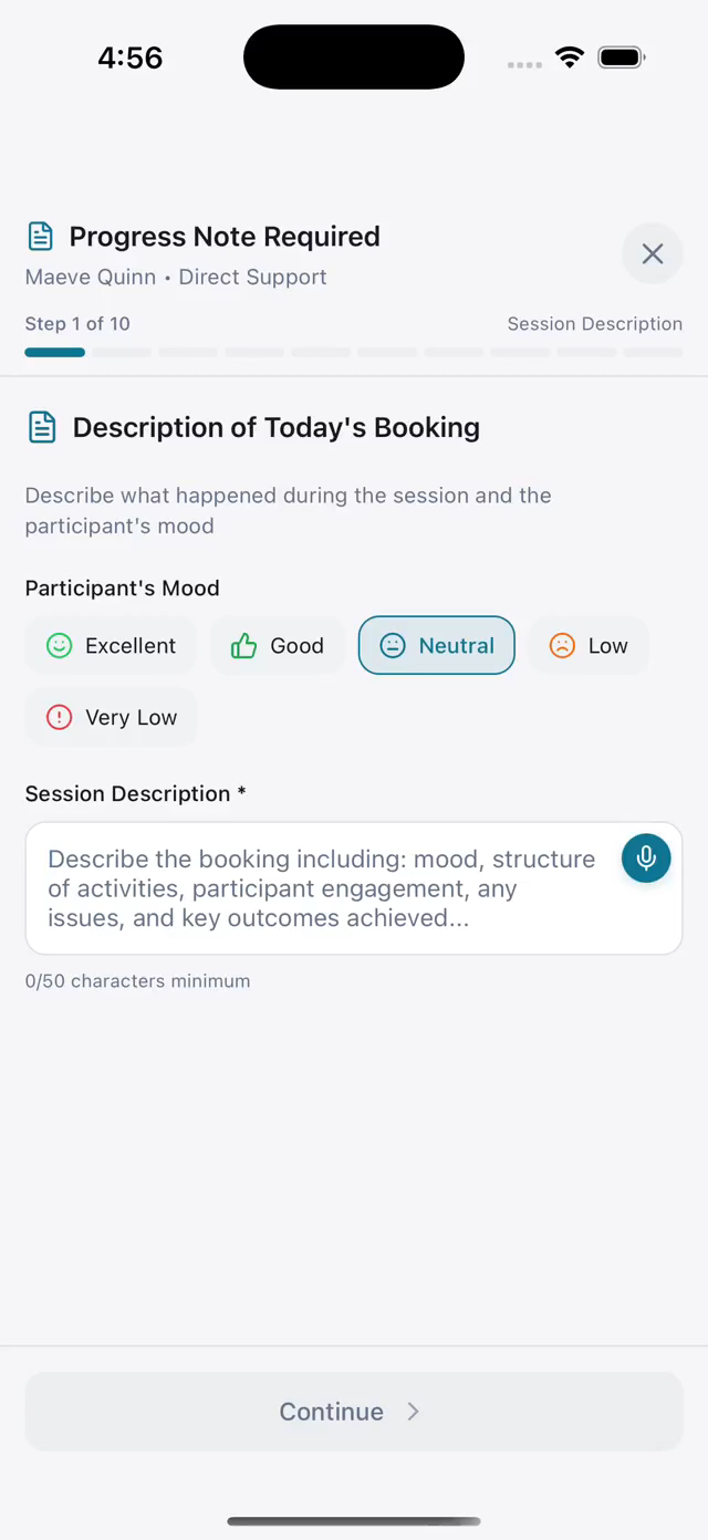 Hubshift mobile progress-note entry form showing participant mood, session description, microphone input and a ten-step progress indicator