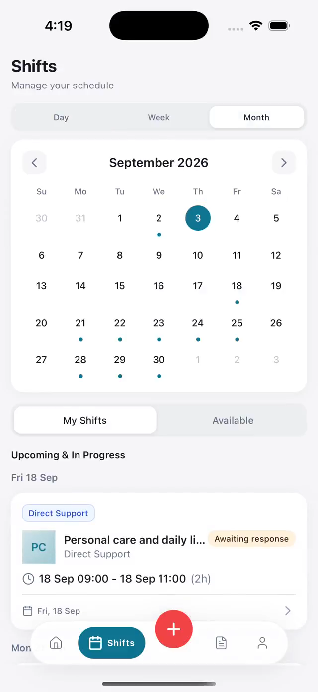 Hubshift mobile Shifts screen with a monthly calendar, upcoming direct-support booking and Awaiting response status