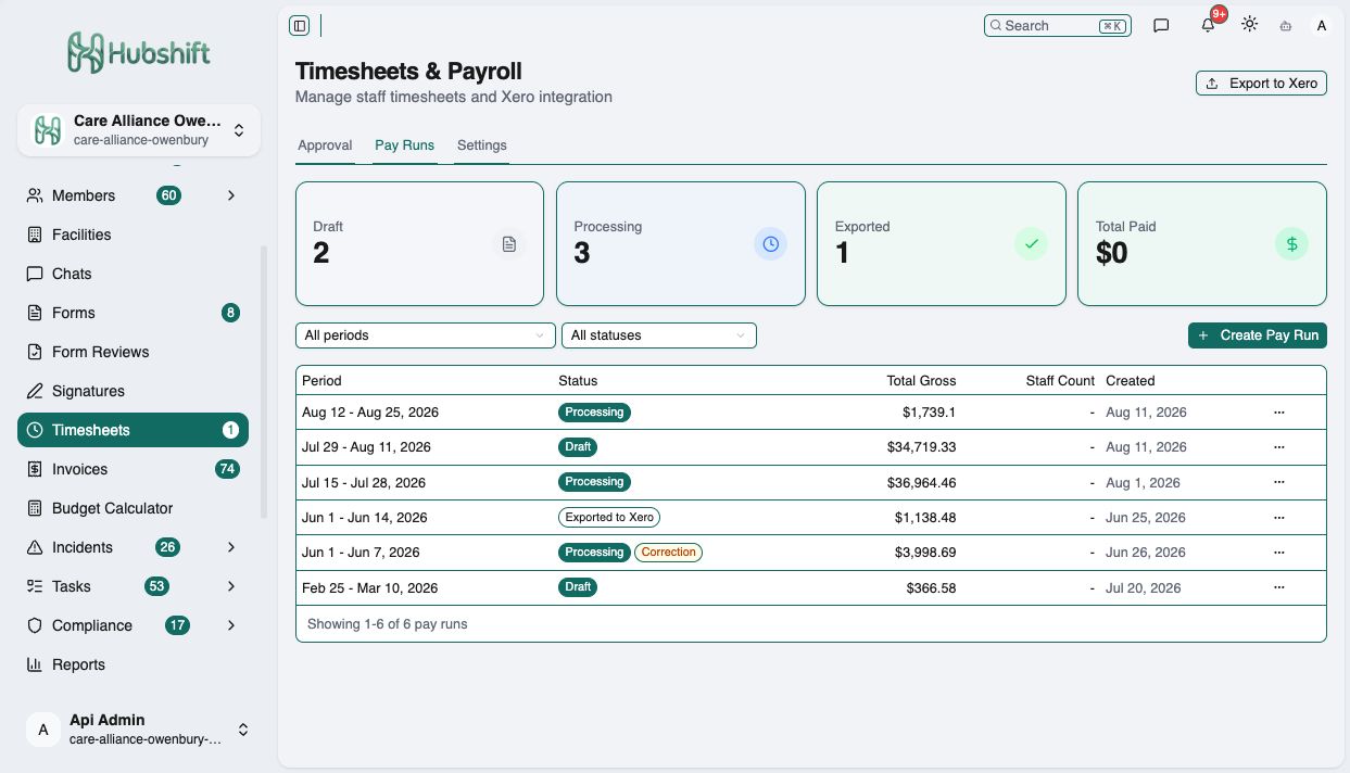 Hubshift Timesheets and Payroll showing pay-run status summaries, period filters, gross totals and correction labels using demo data