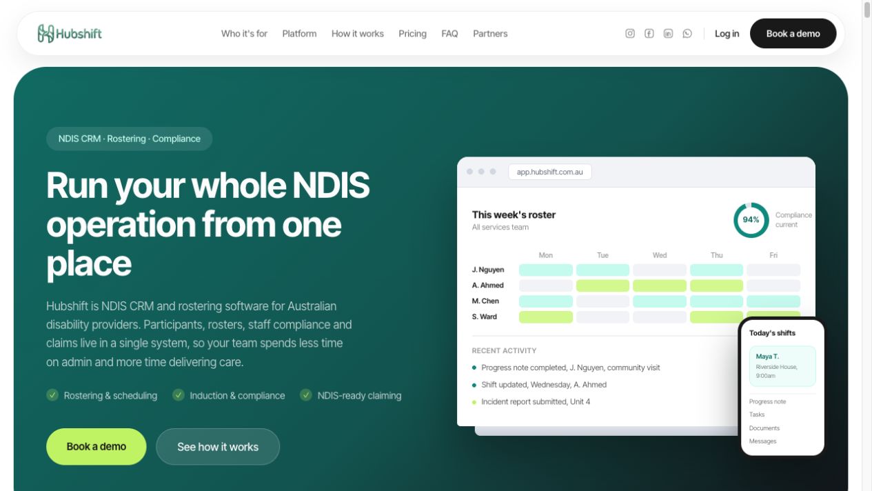 The live Hubshift public website introducing its NDIS CRM and rostering platform
